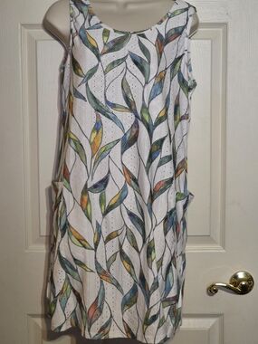 White Eyelet Mini Dress with Multicolor Leaf Print